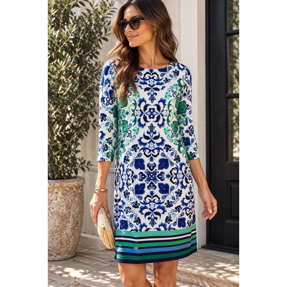 Vince Camuto Women's Size 4 Sheath Dress Blue Damask 3/4 Sleeve Knee Length